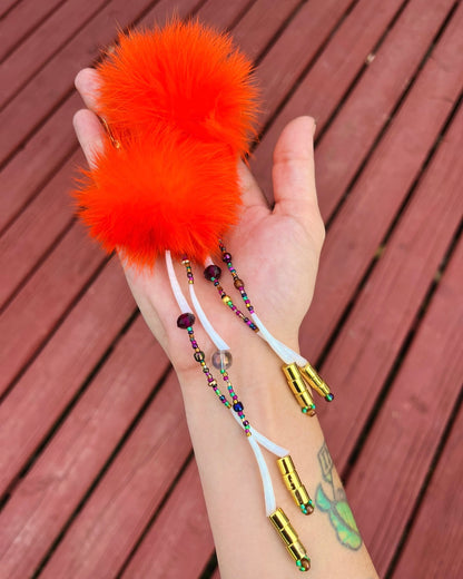 DARK ORANGE RABBIT FUR AND DENTALIUM BEADSOUP DROPS