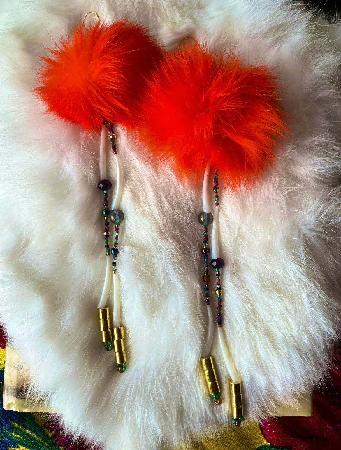 DARK ORANGE RABBIT FUR AND DENTALIUM BEADSOUP DROPS