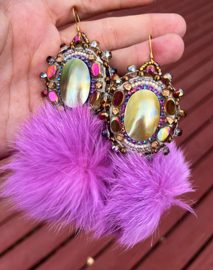 SHELL + LIGHT PURPLE RABBIT FUR PUFFS W SALMON SKIN BACKING