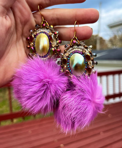 SHELL + LIGHT PURPLE RABBIT FUR PUFFS W SALMON SKIN BACKING