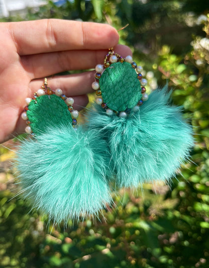 DYED RABBIT FUR PUFFS + SALMON SKIN