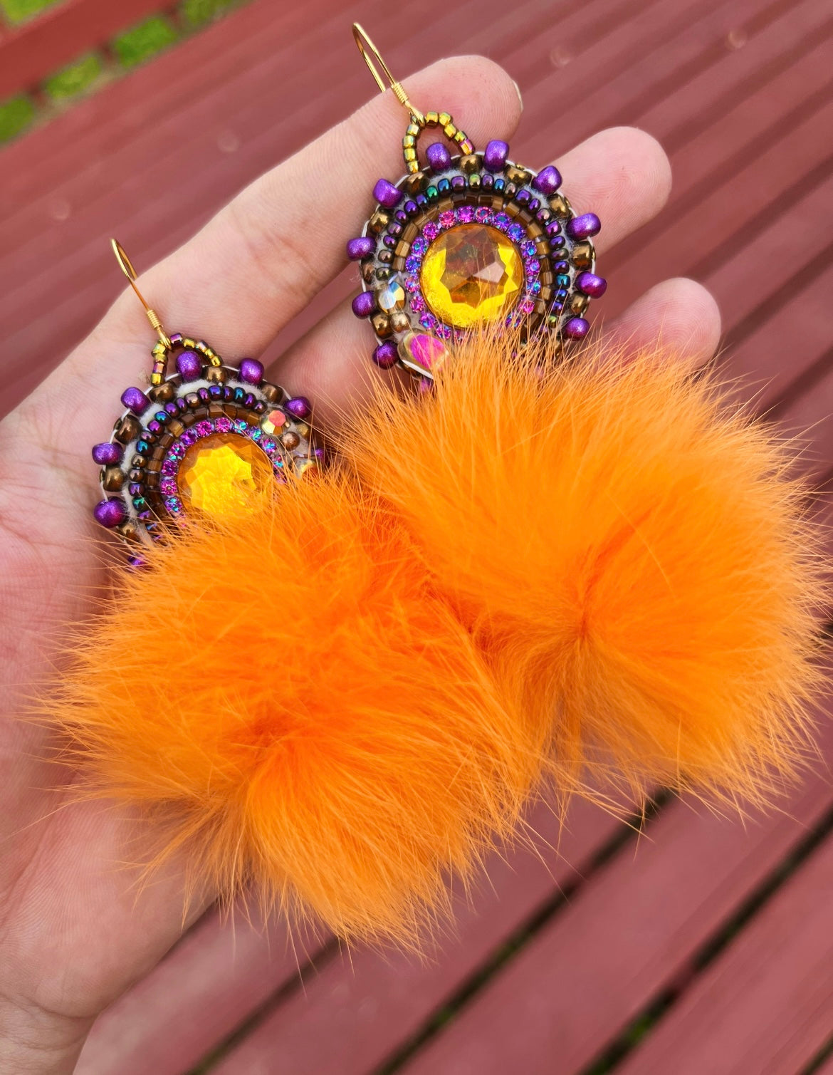 LIGHT ORANGE RABBIT FUR PUFFS WITH PURPLE SALMON SKIN BACKING