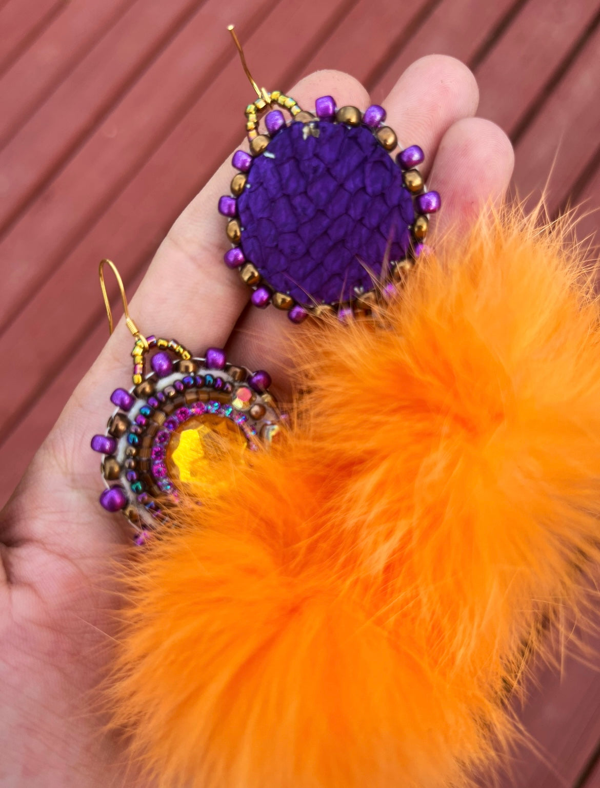 LIGHT ORANGE RABBIT FUR PUFFS WITH PURPLE SALMON SKIN BACKING