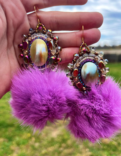 SHELL + LIGHT PURPLE RABBIT FUR PUFFS W SALMON SKIN BACKING