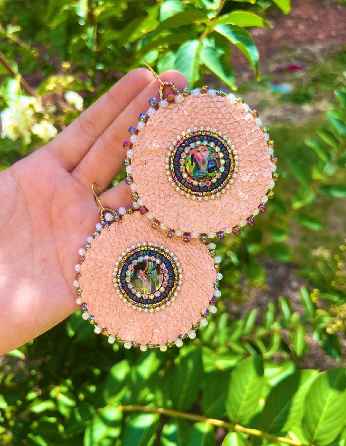 PINK SALMON SKIN + ABALONE CIRCLES