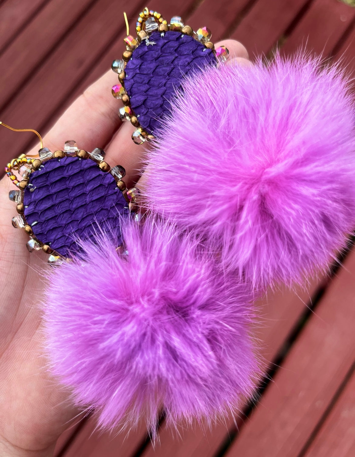 SHELL + LIGHT PURPLE RABBIT FUR PUFFS W SALMON SKIN BACKING