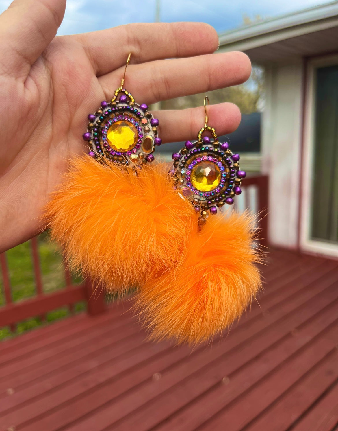 LIGHT ORANGE RABBIT FUR PUFFS WITH PURPLE SALMON SKIN BACKING