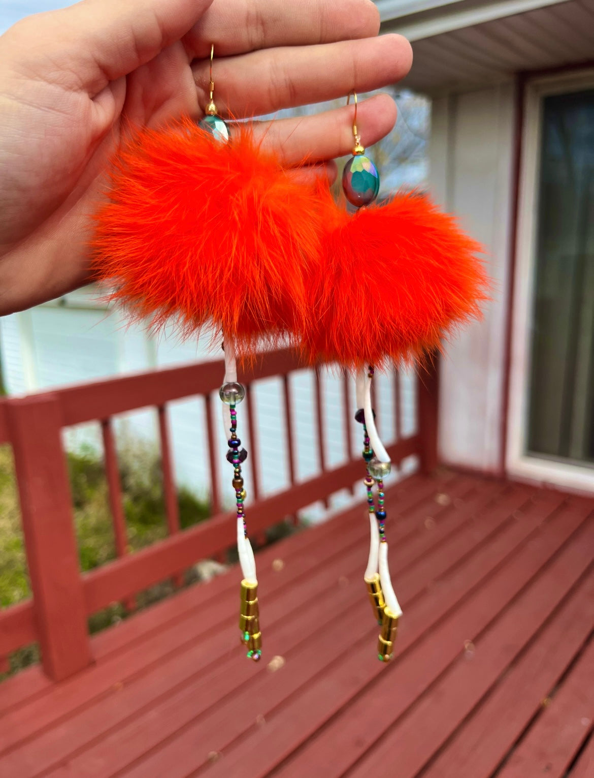 DARK ORANGE RABBIT FUR AND DENTALIUM BEADSOUP DROPS