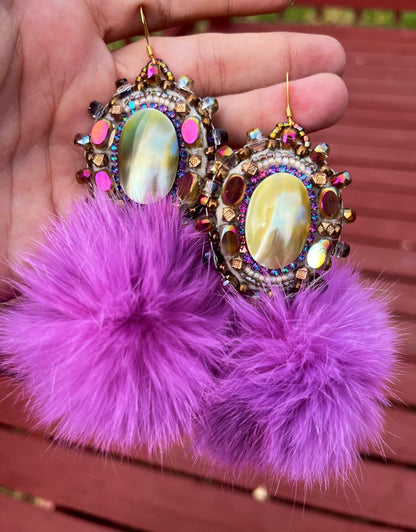 SHELL + LIGHT PURPLE RABBIT FUR PUFFS W SALMON SKIN BACKING