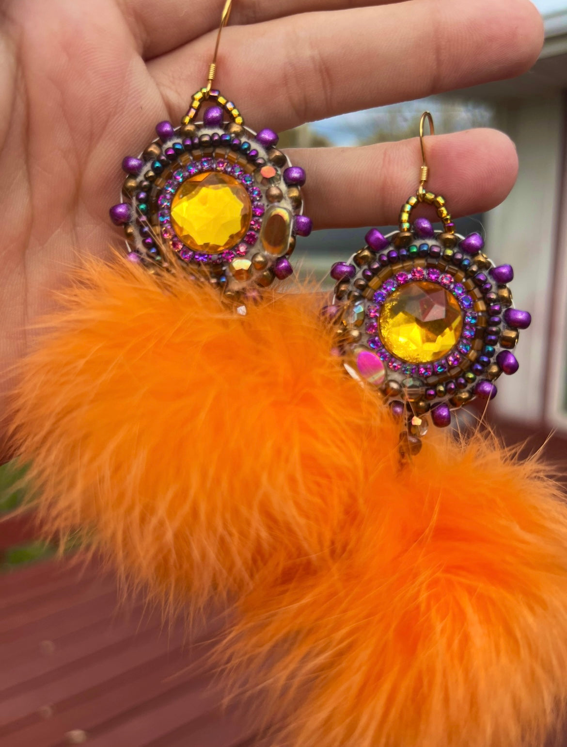 LIGHT ORANGE RABBIT FUR PUFFS WITH PURPLE SALMON SKIN BACKING