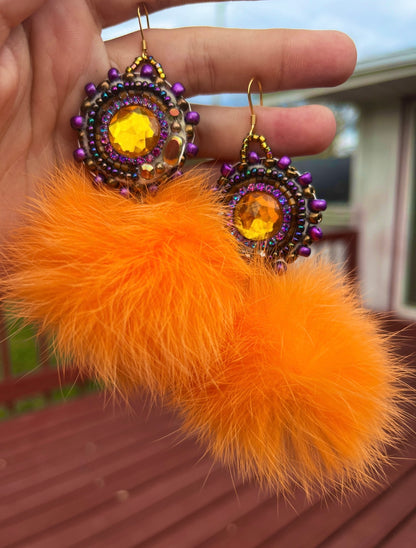 LIGHT ORANGE RABBIT FUR PUFFS WITH PURPLE SALMON SKIN BACKING