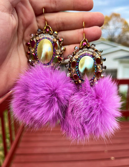 SHELL + LIGHT PURPLE RABBIT FUR PUFFS W SALMON SKIN BACKING