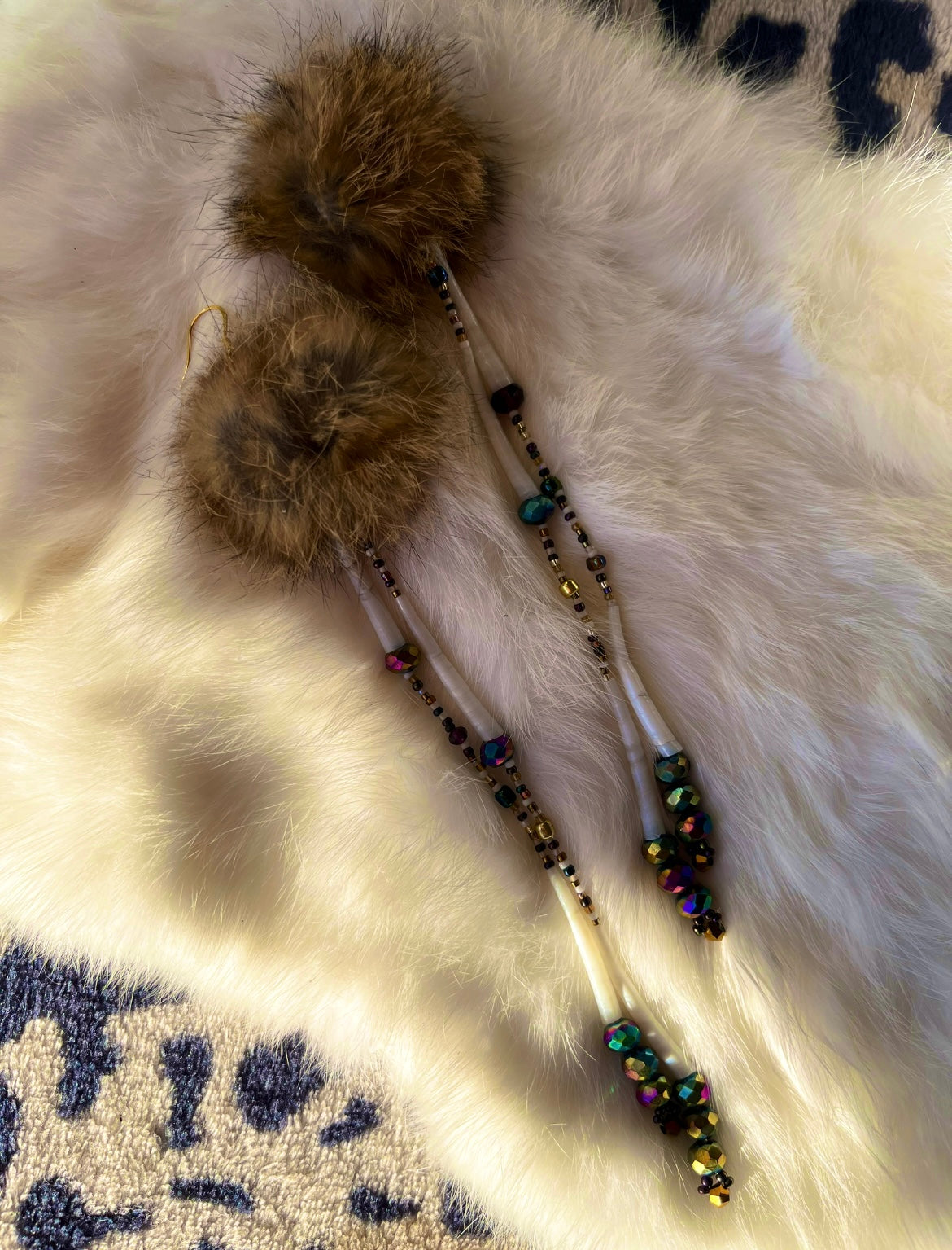 NATURAL RABBIT FUR AND LONG DENTALIUM DROPS