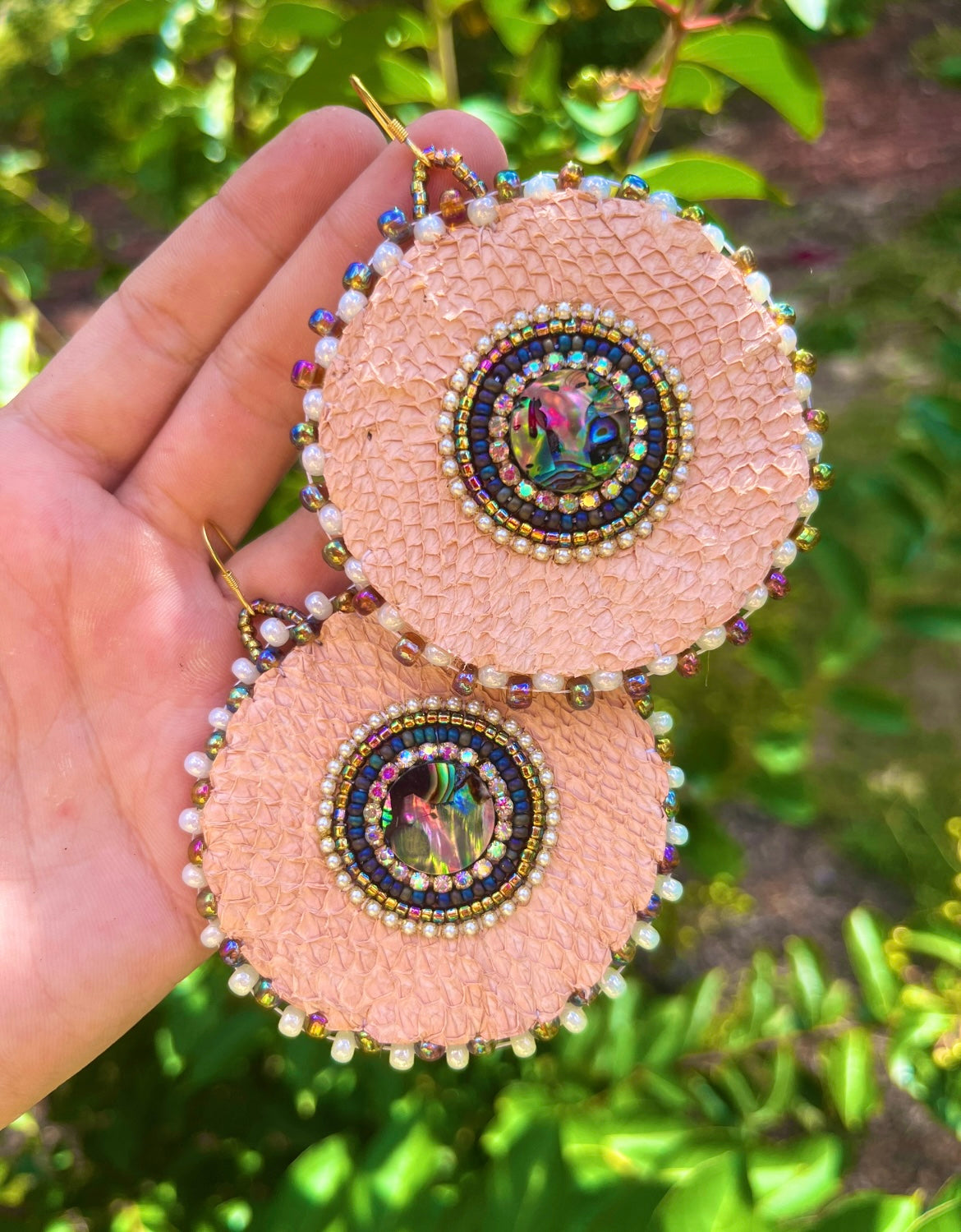 PINK SALMON SKIN + ABALONE CIRCLES