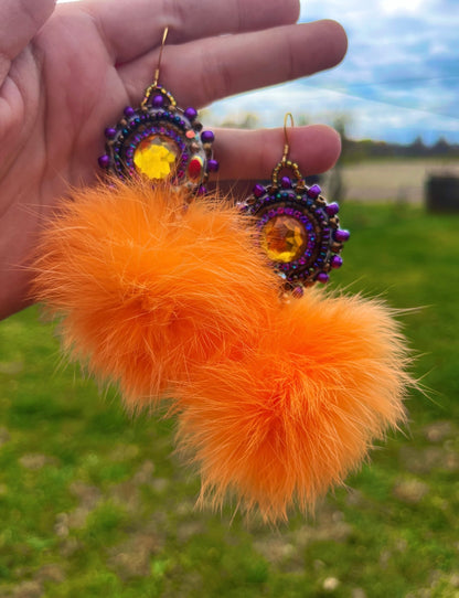 LIGHT ORANGE RABBIT FUR PUFFS WITH PURPLE SALMON SKIN BACKING