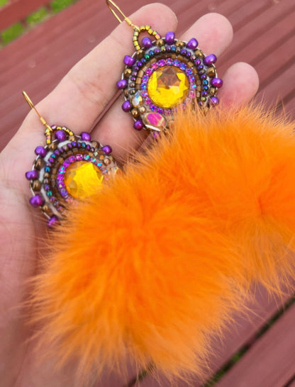 LIGHT ORANGE RABBIT FUR PUFFS WITH PURPLE SALMON SKIN BACKING