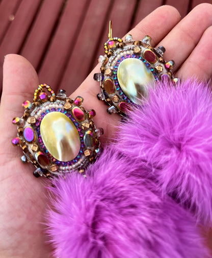 SHELL + LIGHT PURPLE RABBIT FUR PUFFS W SALMON SKIN BACKING