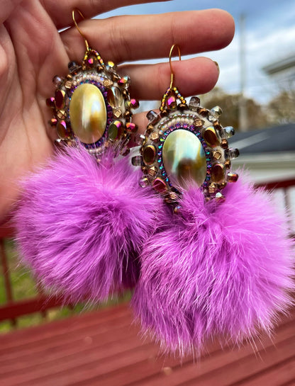 SHELL + LIGHT PURPLE RABBIT FUR PUFFS W SALMON SKIN BACKING