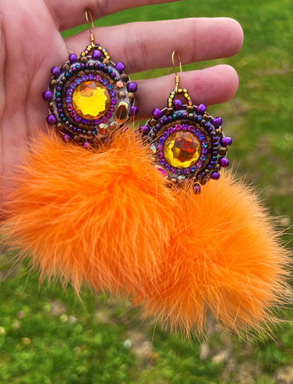 LIGHT ORANGE RABBIT FUR PUFFS WITH PURPLE SALMON SKIN BACKING