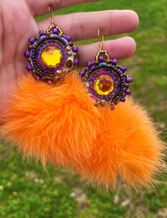 LIGHT ORANGE RABBIT FUR PUFFS WITH PURPLE SALMON SKIN BACKING