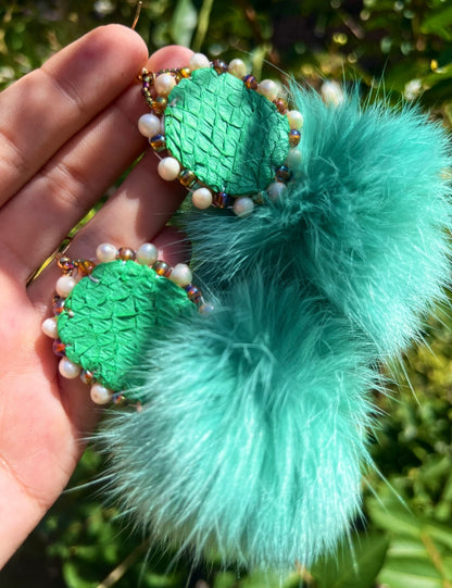 DYED RABBIT FUR PUFFS + SALMON SKIN