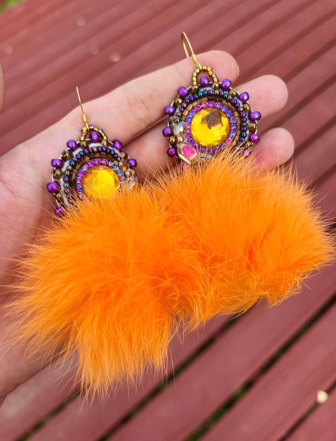 LIGHT ORANGE RABBIT FUR PUFFS WITH PURPLE SALMON SKIN BACKING