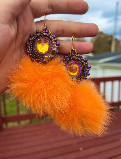 LIGHT ORANGE RABBIT FUR PUFFS WITH PURPLE SALMON SKIN BACKING