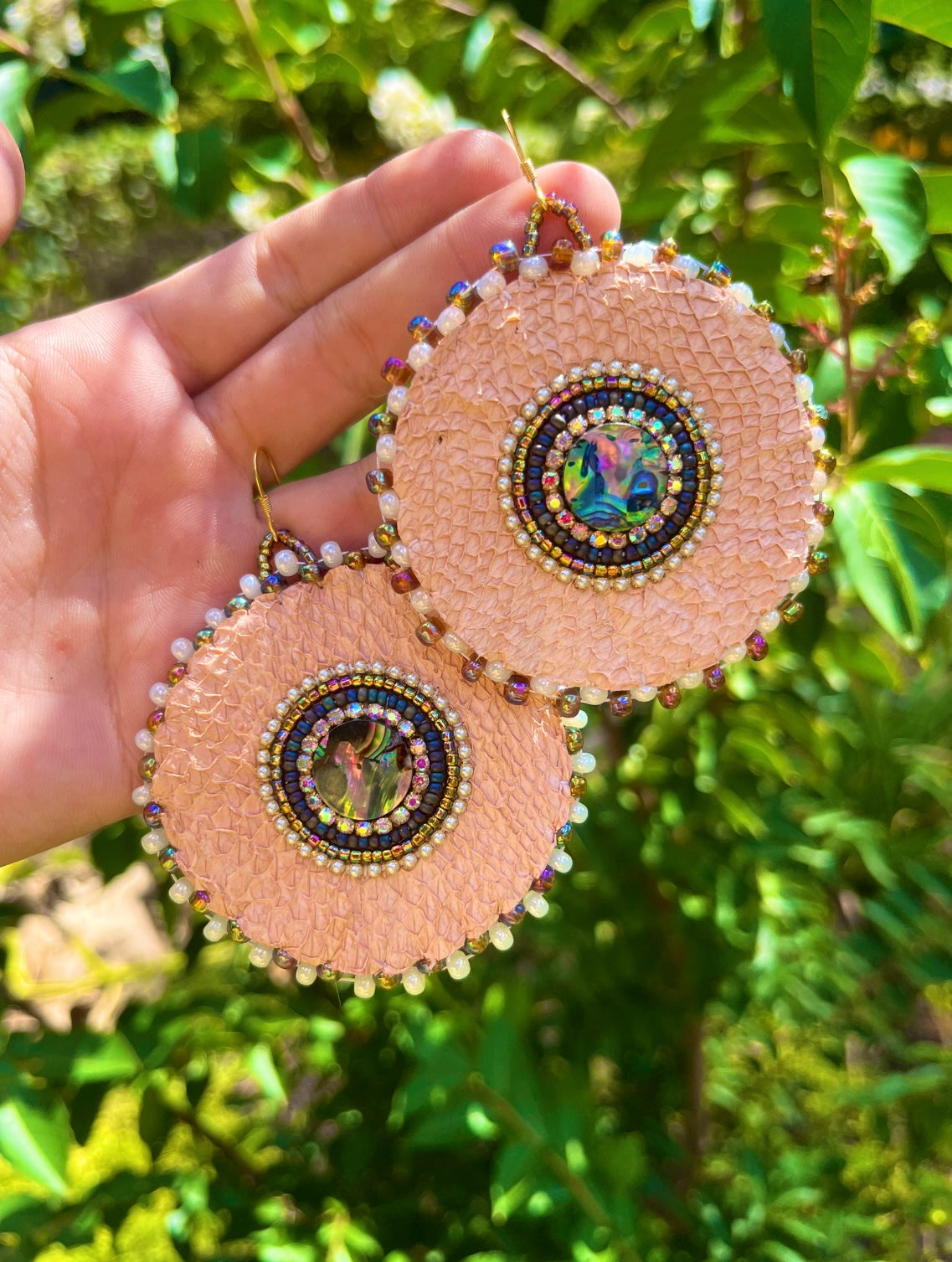 PINK SALMON SKIN + ABALONE CIRCLES