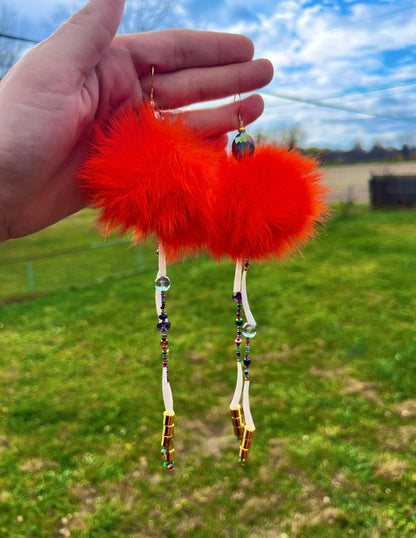 DARK ORANGE RABBIT FUR AND DENTALIUM BEADSOUP DROPS