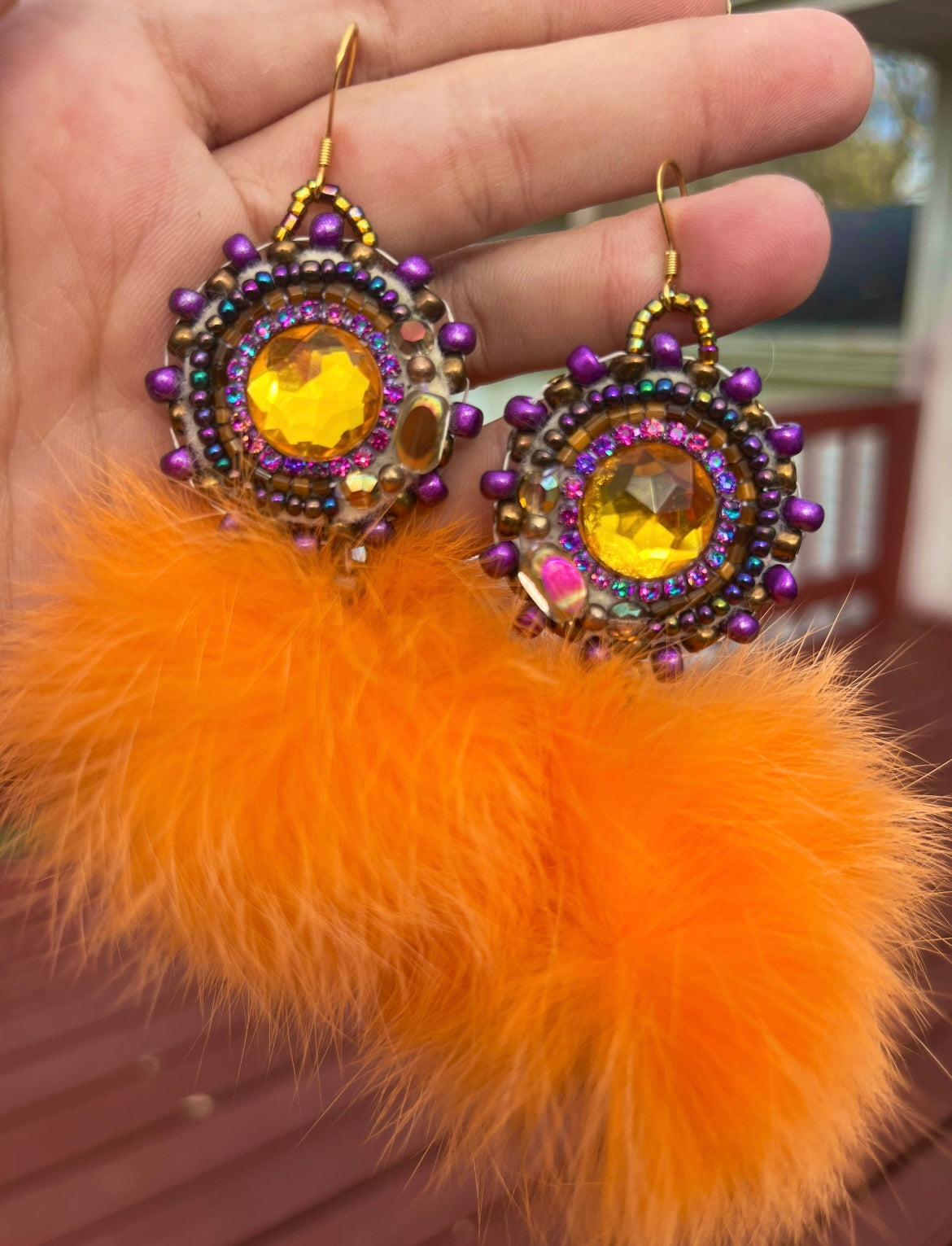 LIGHT ORANGE RABBIT FUR PUFFS WITH PURPLE SALMON SKIN BACKING