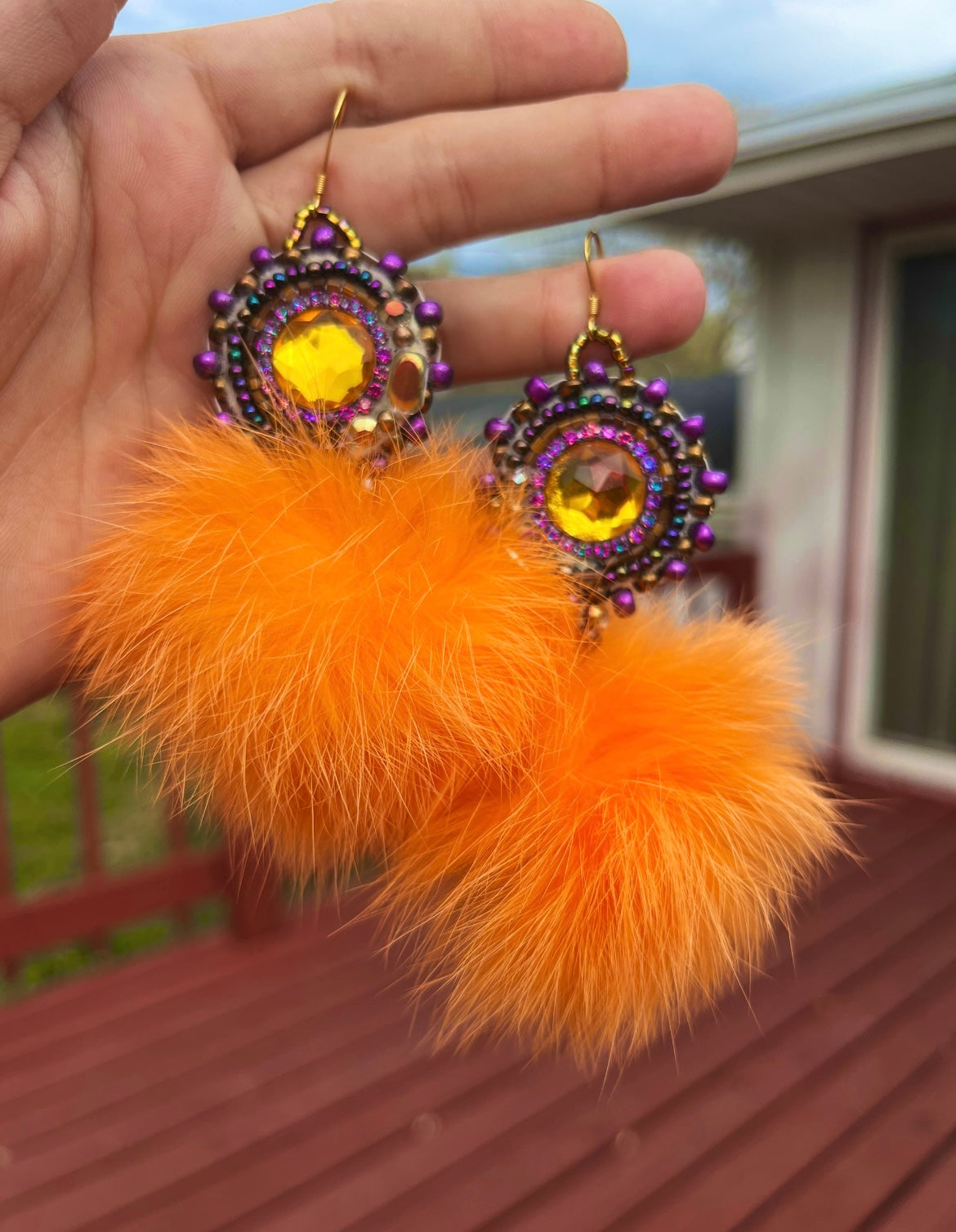 LIGHT ORANGE RABBIT FUR PUFFS WITH PURPLE SALMON SKIN BACKING