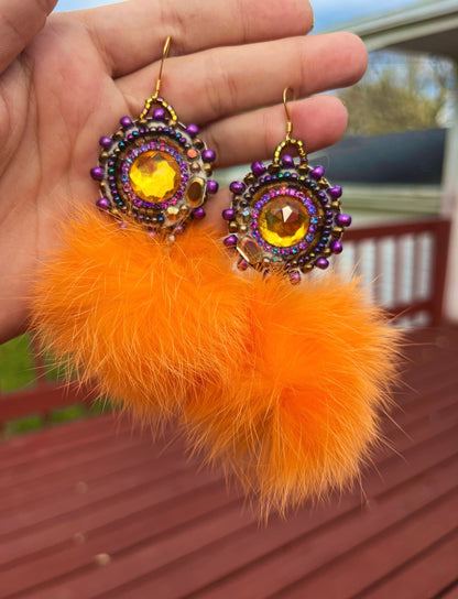 LIGHT ORANGE RABBIT FUR PUFFS WITH PURPLE SALMON SKIN BACKING