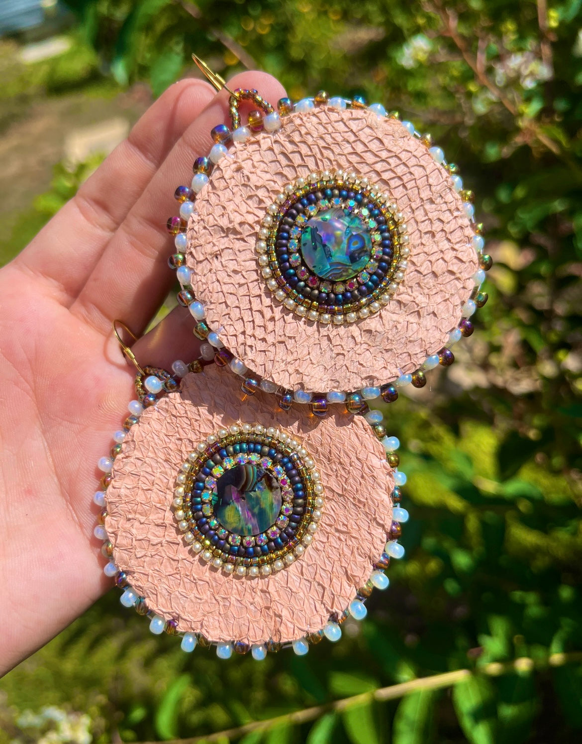 PINK SALMON SKIN + ABALONE CIRCLES