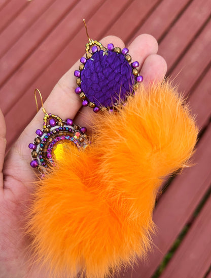 LIGHT ORANGE RABBIT FUR PUFFS WITH PURPLE SALMON SKIN BACKING